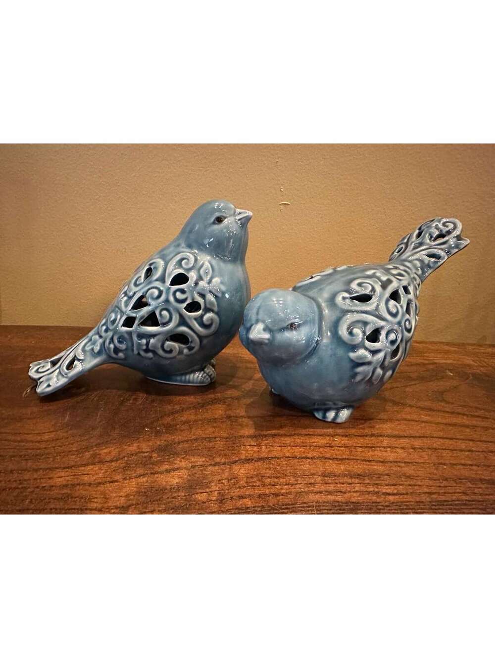 Set of 2 Large Ceramic Blue Bird Figurines with Lattice Wings